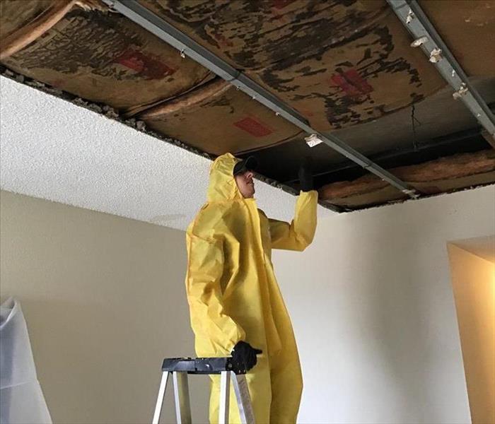 man in yellow hazmat suit standing on ladder accessing water damage to ceiling 